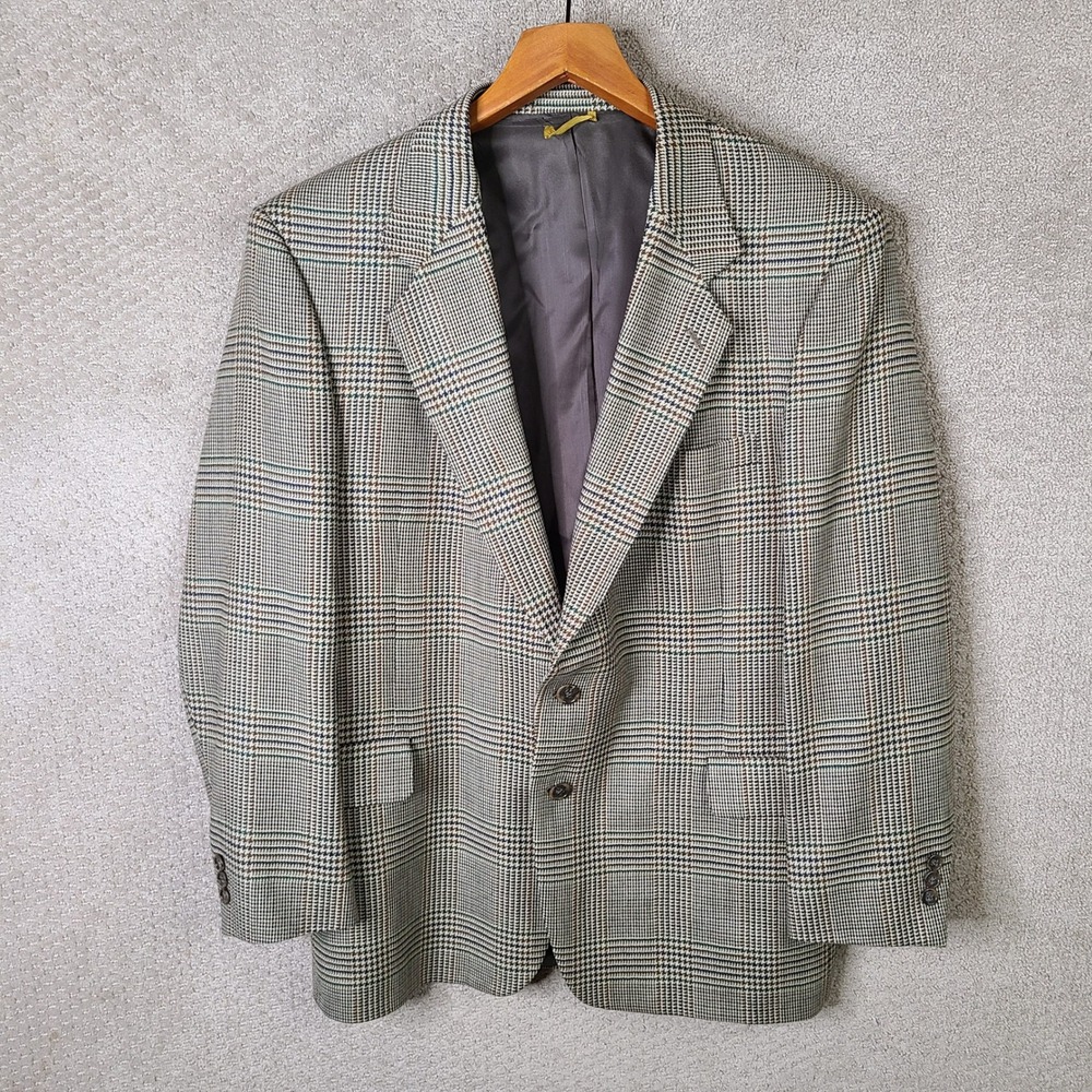 Vintage Sterling & Hunt Jacket Mens 44L Beige Blue Green Plaid Blazer Wool 2 Btn